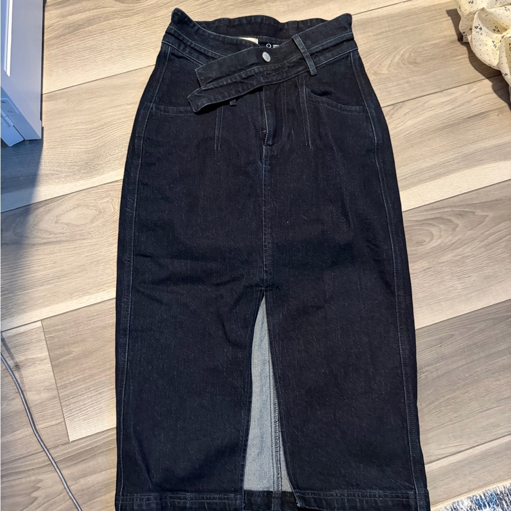 Anthro Dark Blue Indigo Denim Midi Skirt with Belt